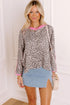 Leopard Print Contrast V Neck Varsity Stripe Drop Shoulder Top